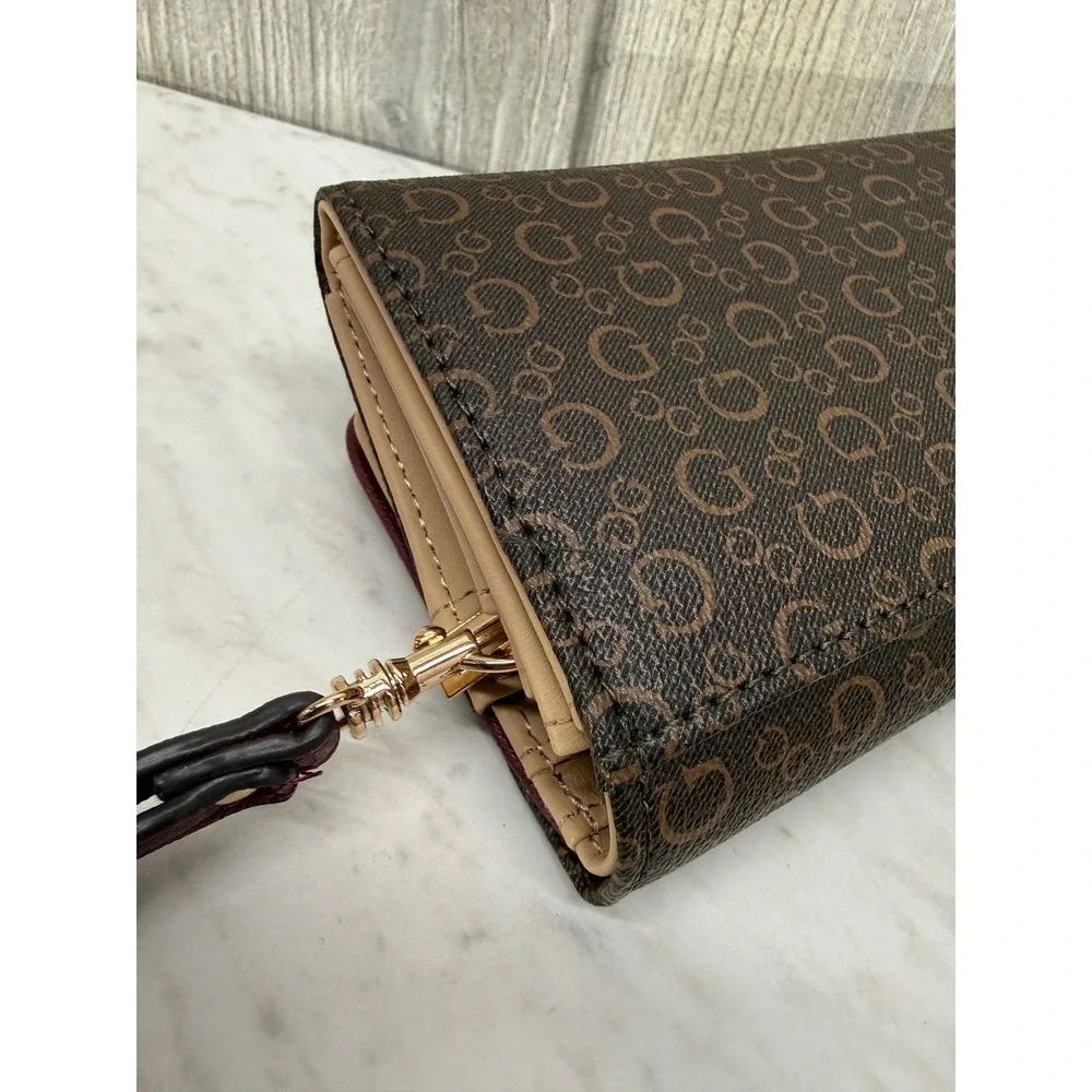Guess Womens Monogram Logo Wristlet Wallet Brown Burgundy Gold Hardware